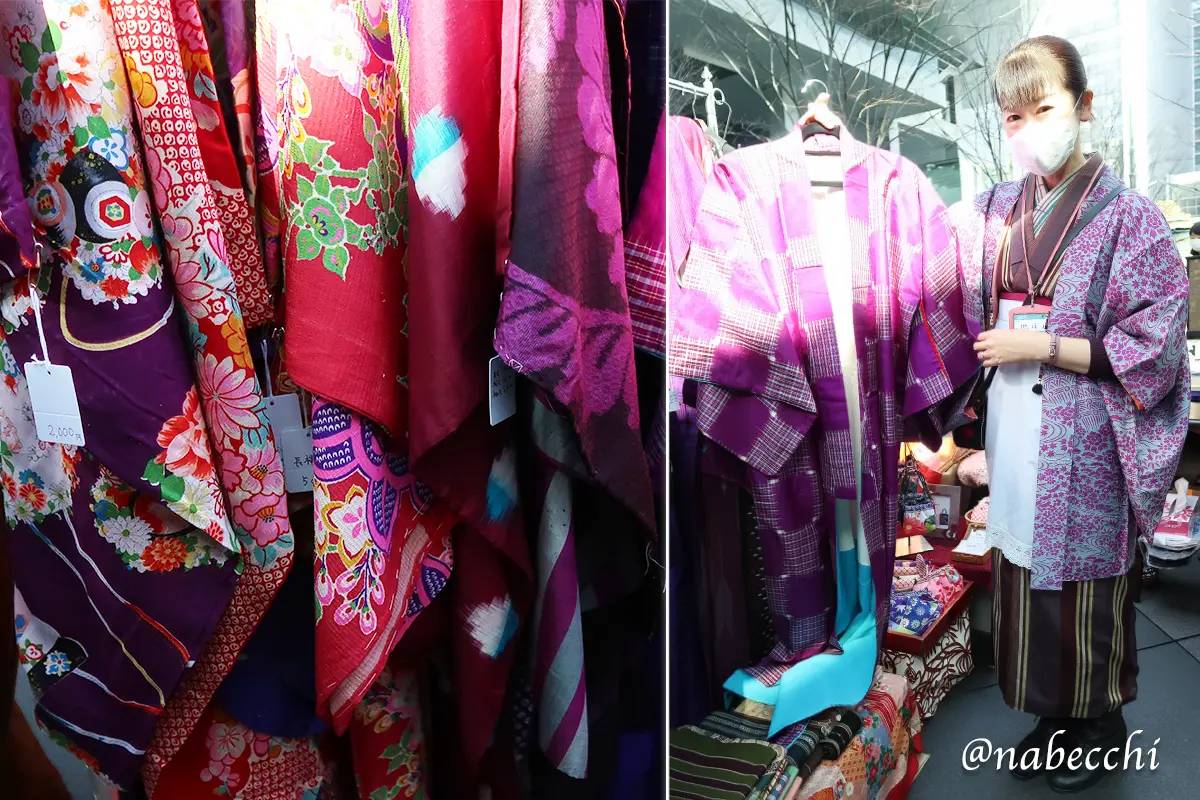 地球樹の店頭に並ぶ、紫系を中心としたセンスの良いアンティーク銘仙着物