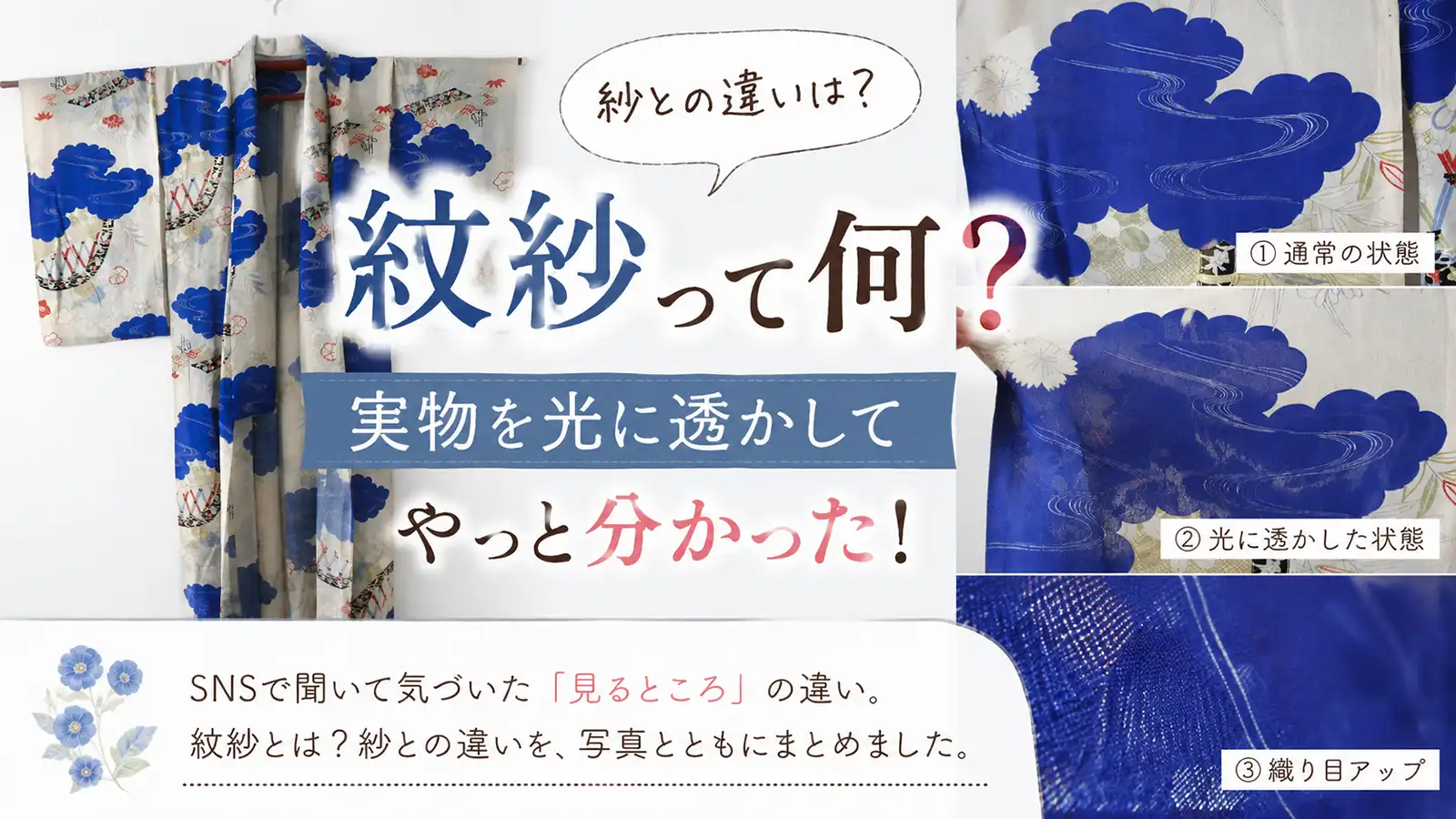 紋紗の着物と光に透かして浮かび上がる織り柄の比較