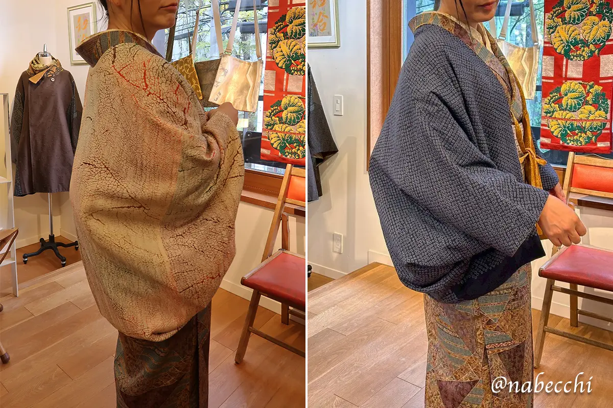 個々展で羽織（着ru物）を着物に合わせて試着