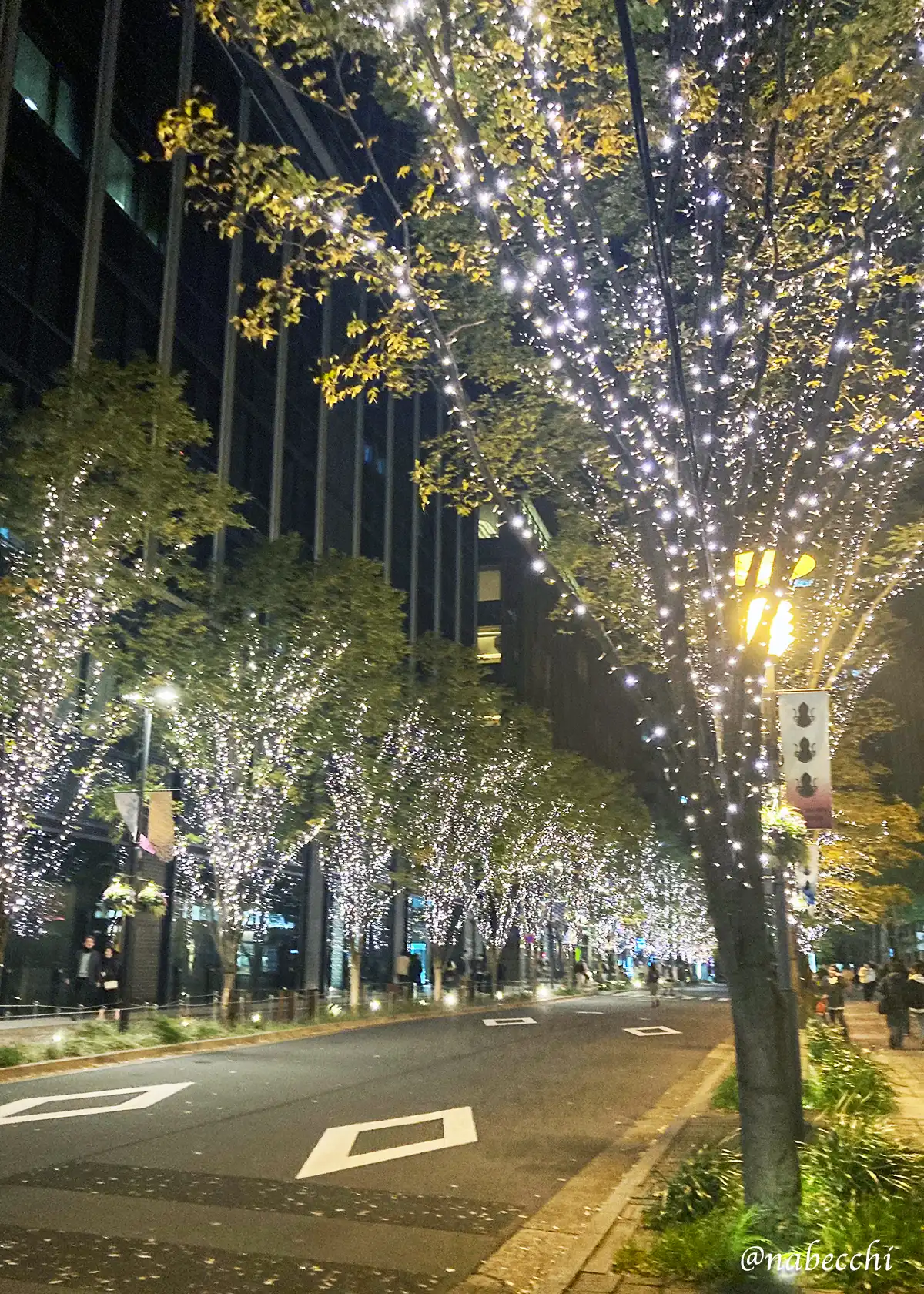 丸の内仲通りの街路樹がシャンパンゴールドに輝く冬のイルミネーション風景