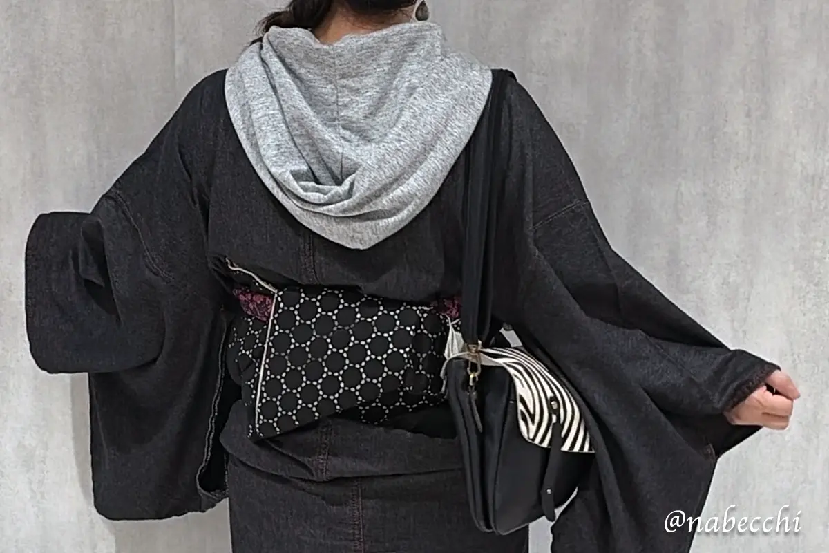 ライブで邪魔にならないよう貝の口結びにした半幅帯と着物コーデ