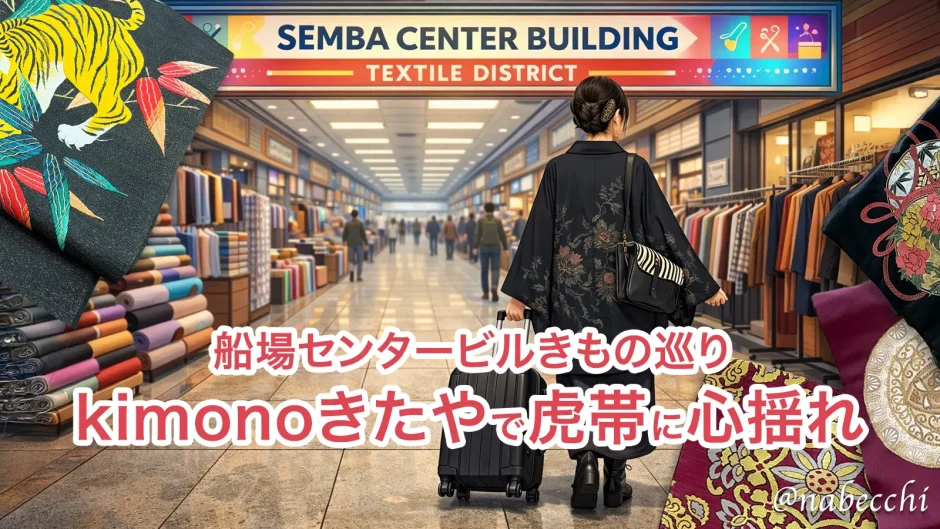 船場センタービルを歩く着物姿の女性とスーツケースのイラスト。kimonoきたやで虎柄帯に心揺れた着物ショッピングの記録