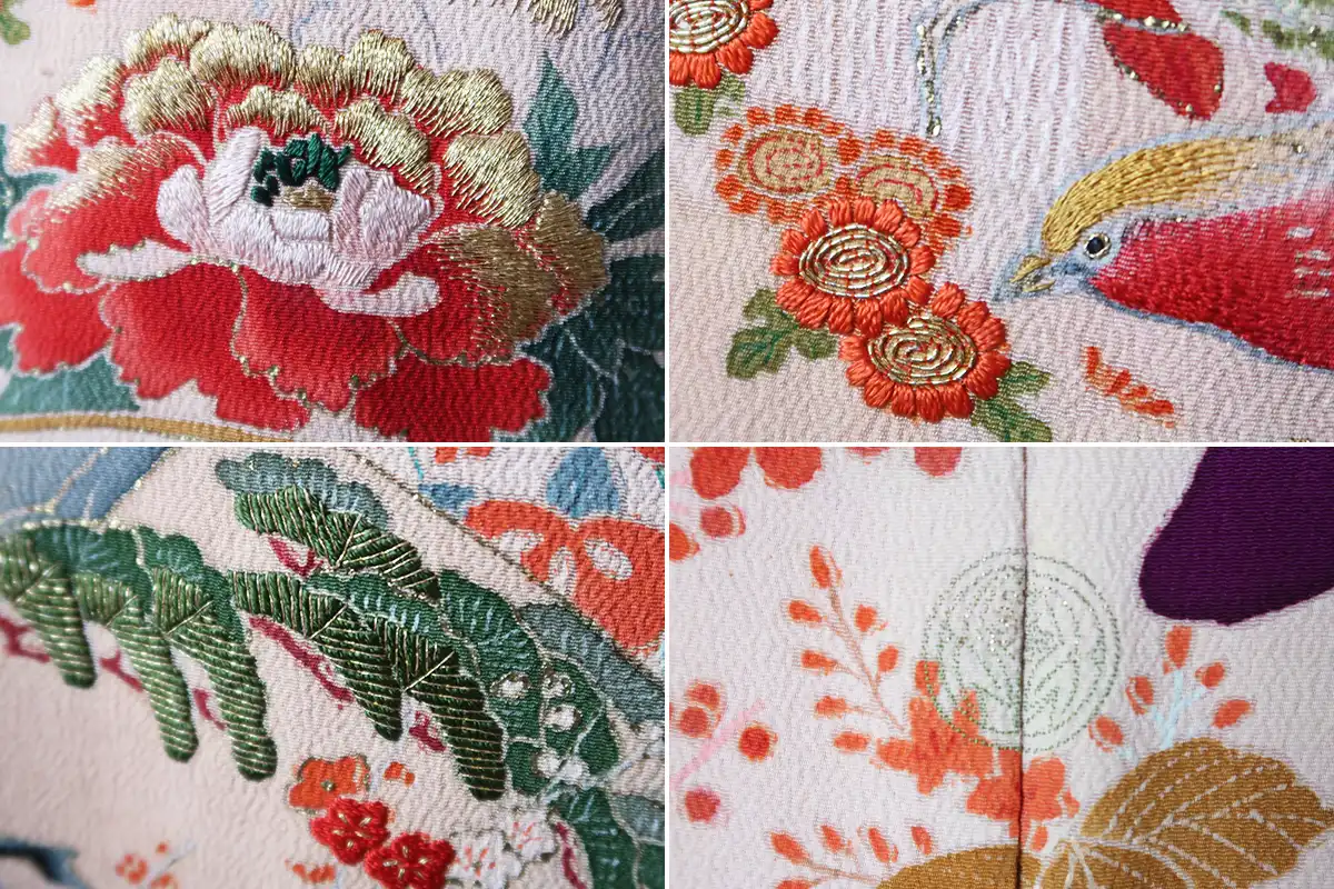 紫のアンティーク訪問着の刺繍と柄のアップ写真