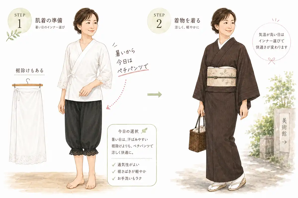 6月の単衣着物で暑さ対策にペチパンツを選ぶ着物インナーのイラスト