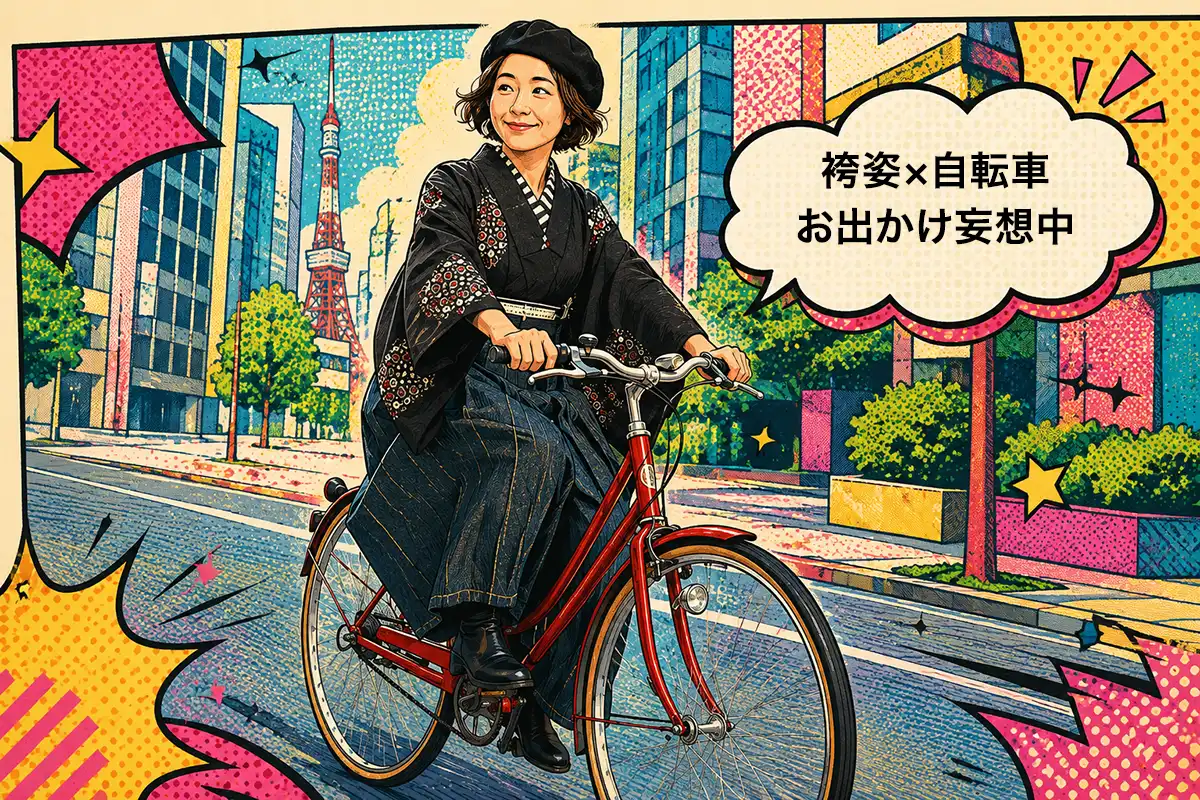 東京タワーを背景に袴姿で自転車に乗る女性が描かれたアメコミ風イラスト
