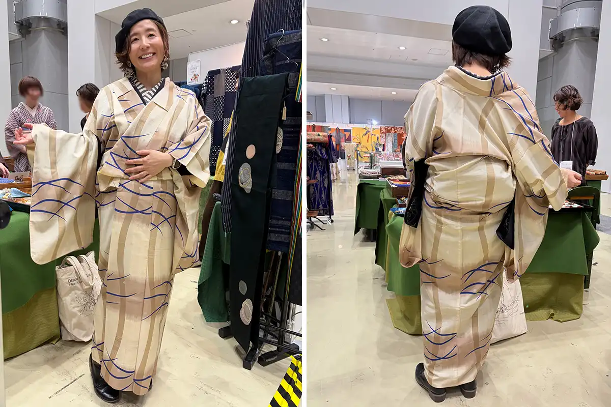 LUNCOで購入したミルクティー色に青い露芝模様の単衣着物