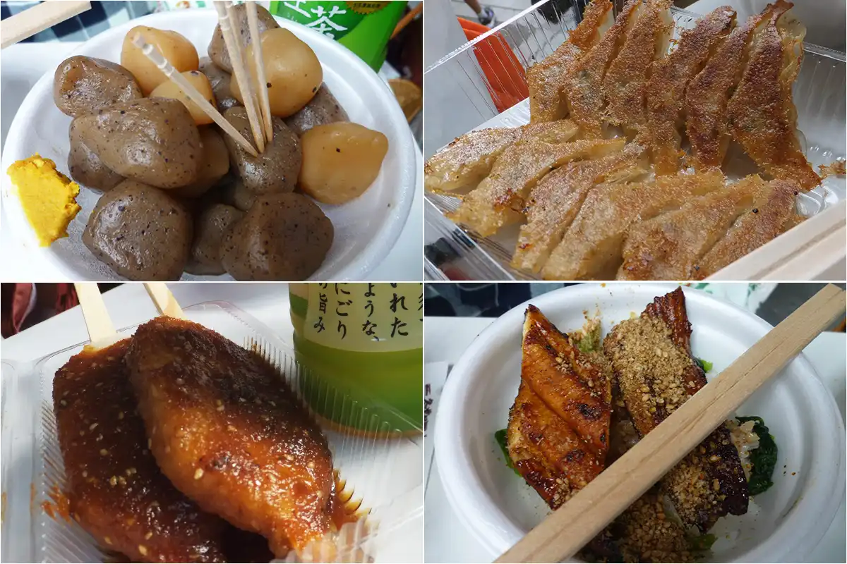 大産業祭で食べた玉こんにゃくや餃子など会場グルメのコラージュ
